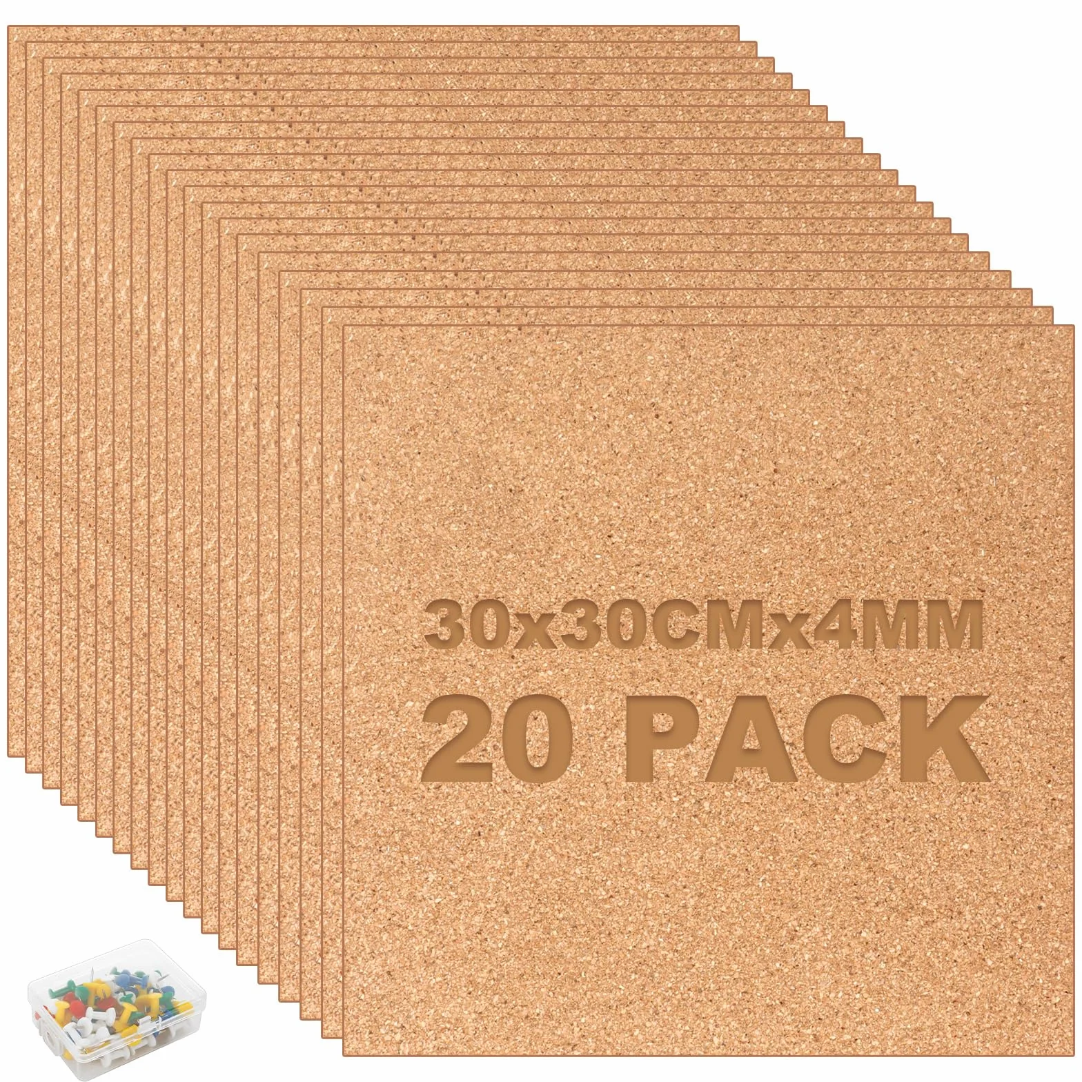 Tablero Corcho sin Adhesivo 30x30 cm, 20 Piezas Autoadhesivo Pared con 60 Chinchetas para Fotos Notas