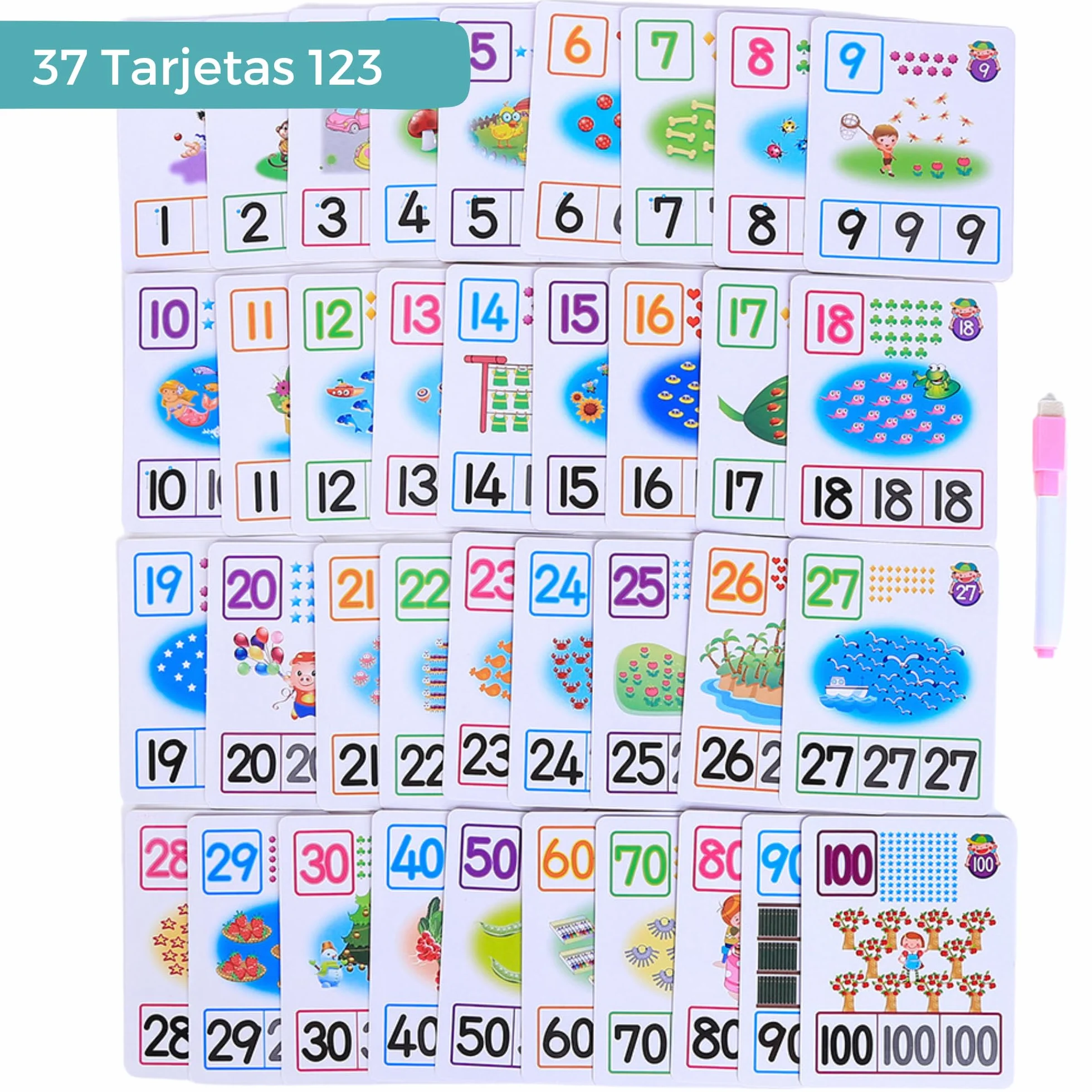 Tarjetas Educativas Montessori para Aprender a Leer, Escribir, Números, Sumar y Restar, Incluye Rotulador con Borrador, Educación Infantil 4+