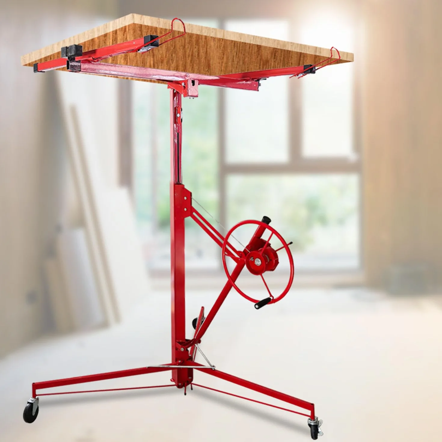 Fiqops XXL elevador de placas hasta 68 kg para placas de yeso, altura de trabajo de 140-350 cm ajustable, brazo de carga de hasta 290 cm de ancho, rojo