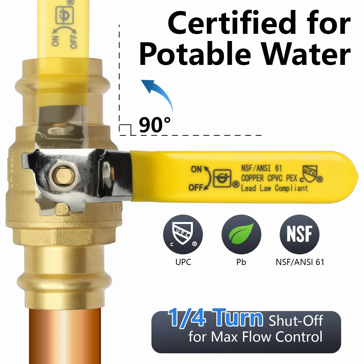 WiseWater Válvula de bola de presión de 1,27 cm, 6 unidades, válvula de bola de cierre de 1/4 de vuelta para conexión de tubo de cobre, asas amarillas
