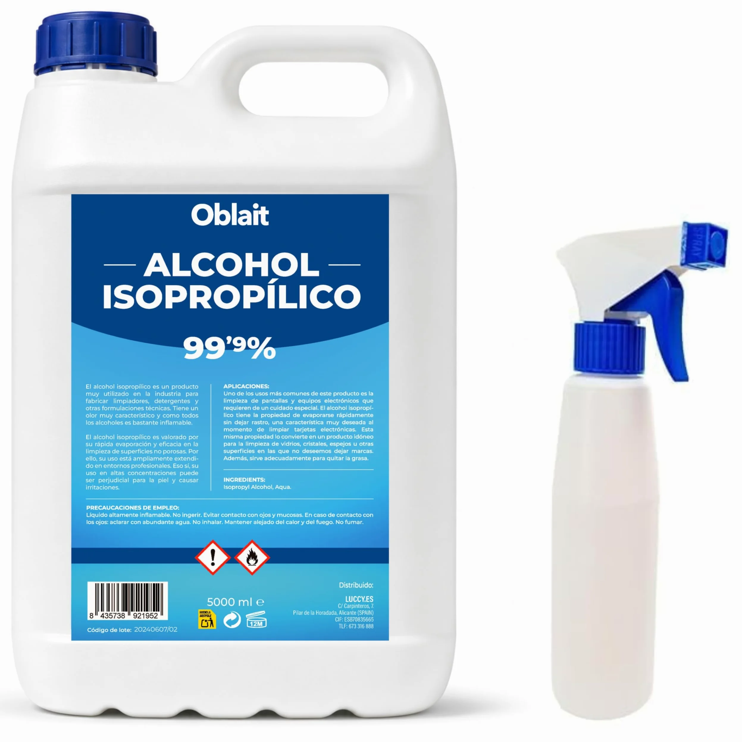 Alcohol Isopropílico 99,9% Puro 5L + Botella Spray Rellenable 250 ml | Isopropanol | Limpieza de Componentes Electrónicos y Superficies