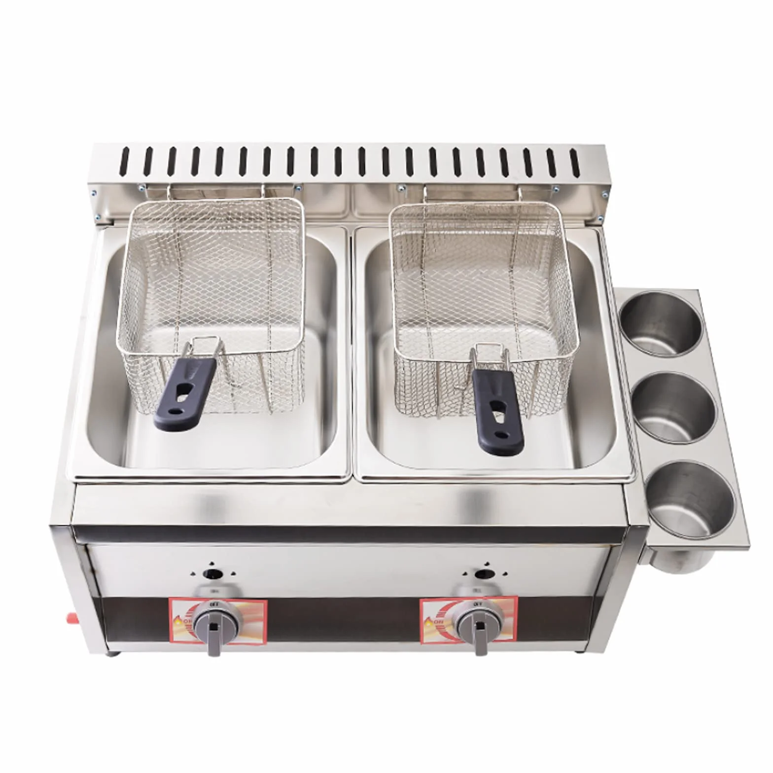 Freidora de gas de doble cilindro de 20 l, freidora de gas profesional de acero inoxidable comercial con cuchara de cesta para encimera de restaurante comercial Máquina para cocinar alimentos