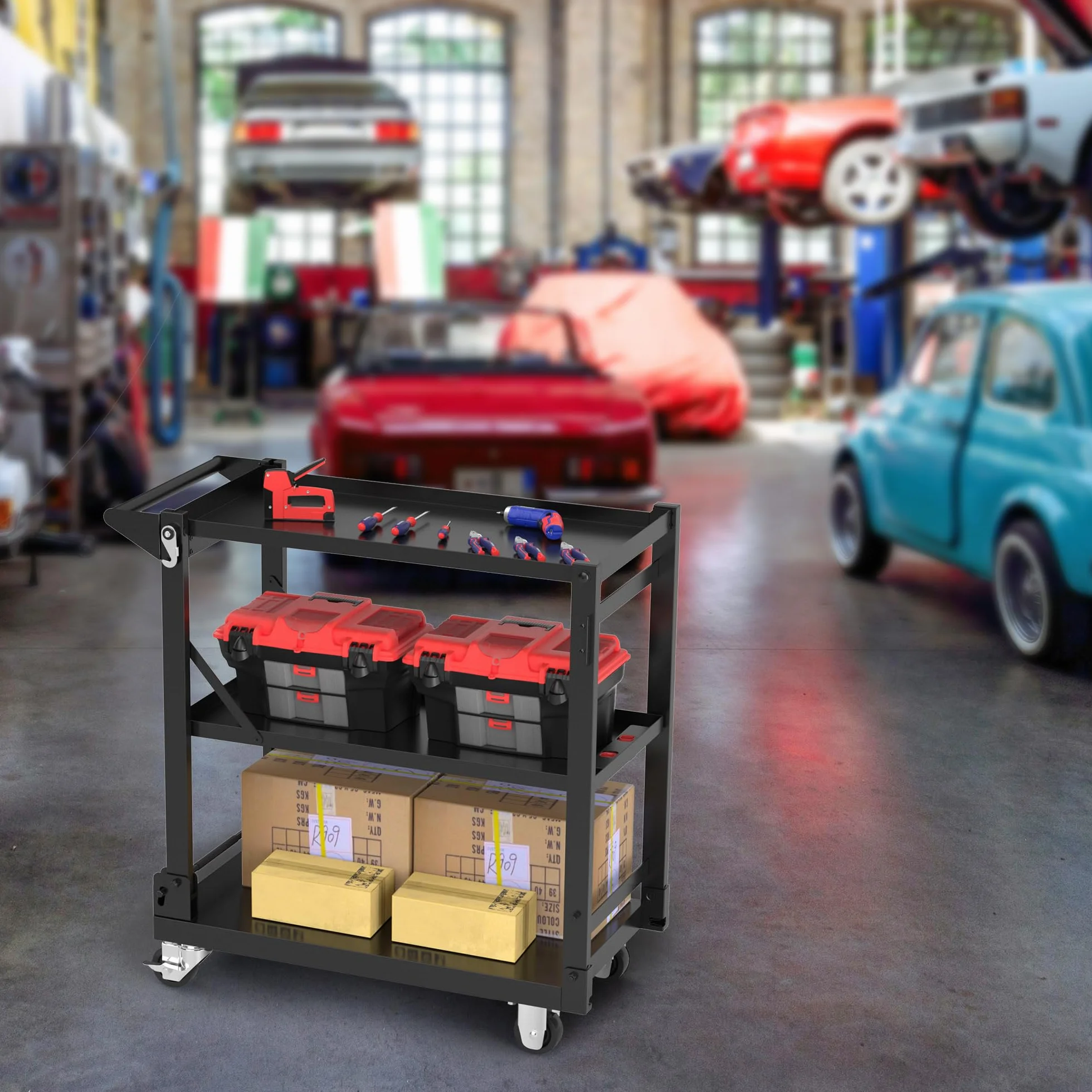 WORKPRO Carro de Servicio, 3-en-1 Carrito Plegable con Ruedas, Estantes de Almacenamiento Multifuncionales de Alta Resistencia, para Cocina, Hotel, Taller, Oficina, Almacén y Casa