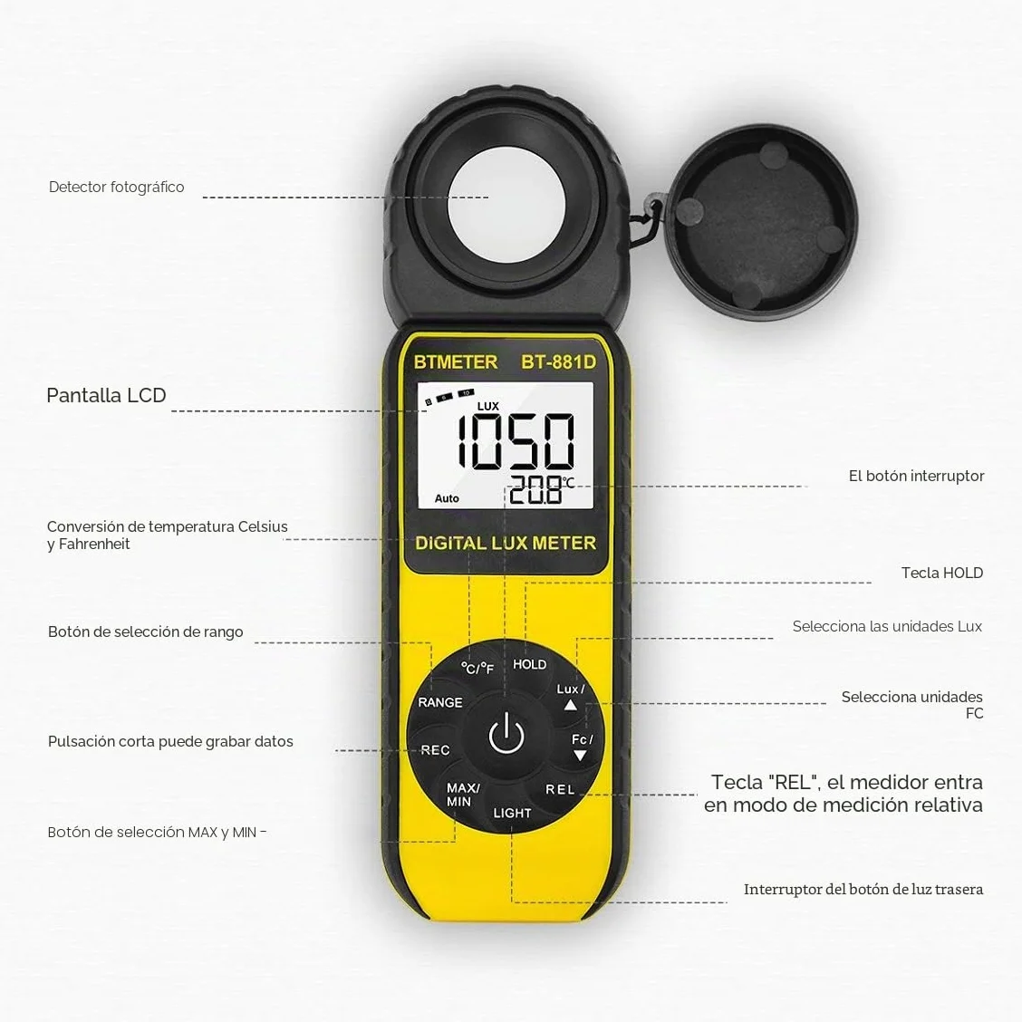 BTMETER BT-881D Medidor de Luz Digital 0,01~400.000 Lux Sensor Giratorio 270º para Plantas LED