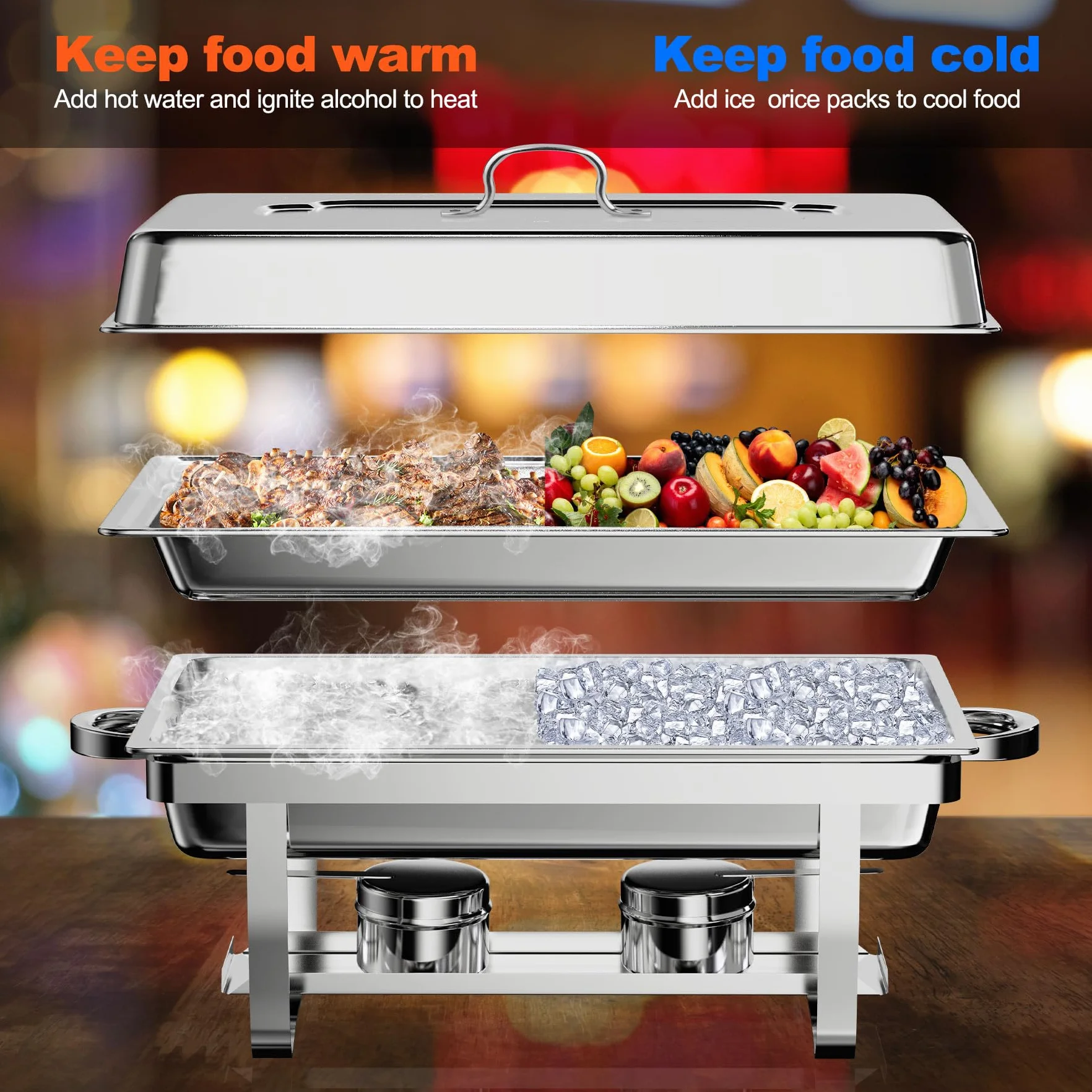 Juego de 4 Platos Calentadores Buffet 9L Acero Inoxidable Rectangular con Bandeja y Marco Plegable