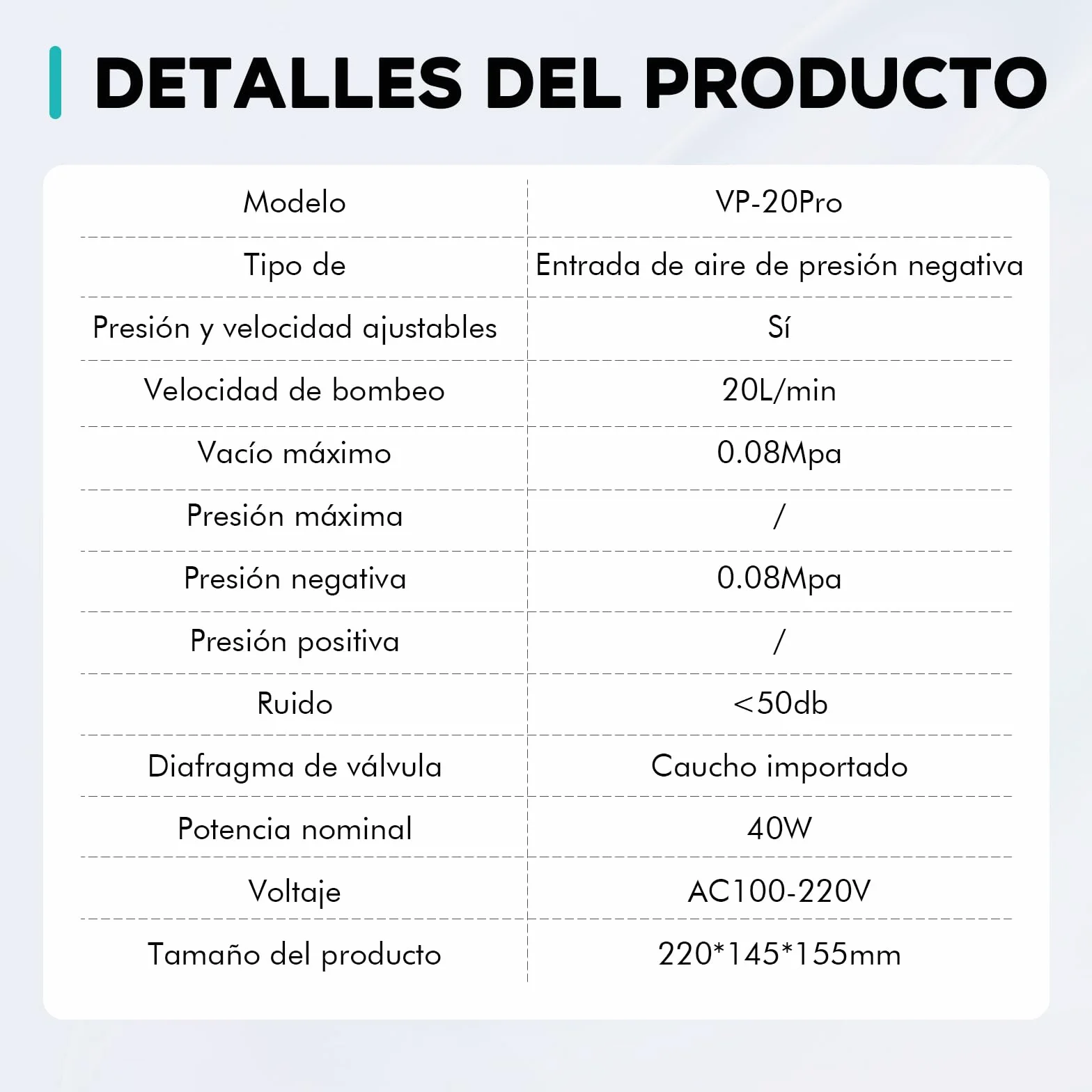 LAB FISH VP-20PRO Bomba de Vacío Sin Aceite 20L/min, Ajustable Presión/Caudal, 0.08MPa, para Laboratorio, Industria, Investigación