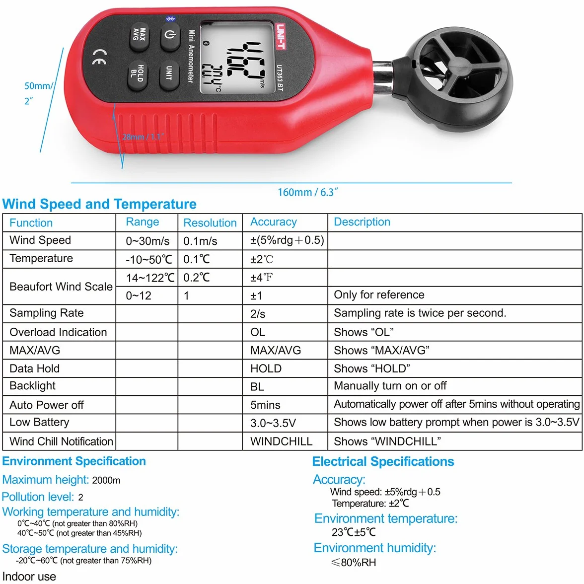 Anemómetro de mano UT363BT Bluetooth digital con termómetro