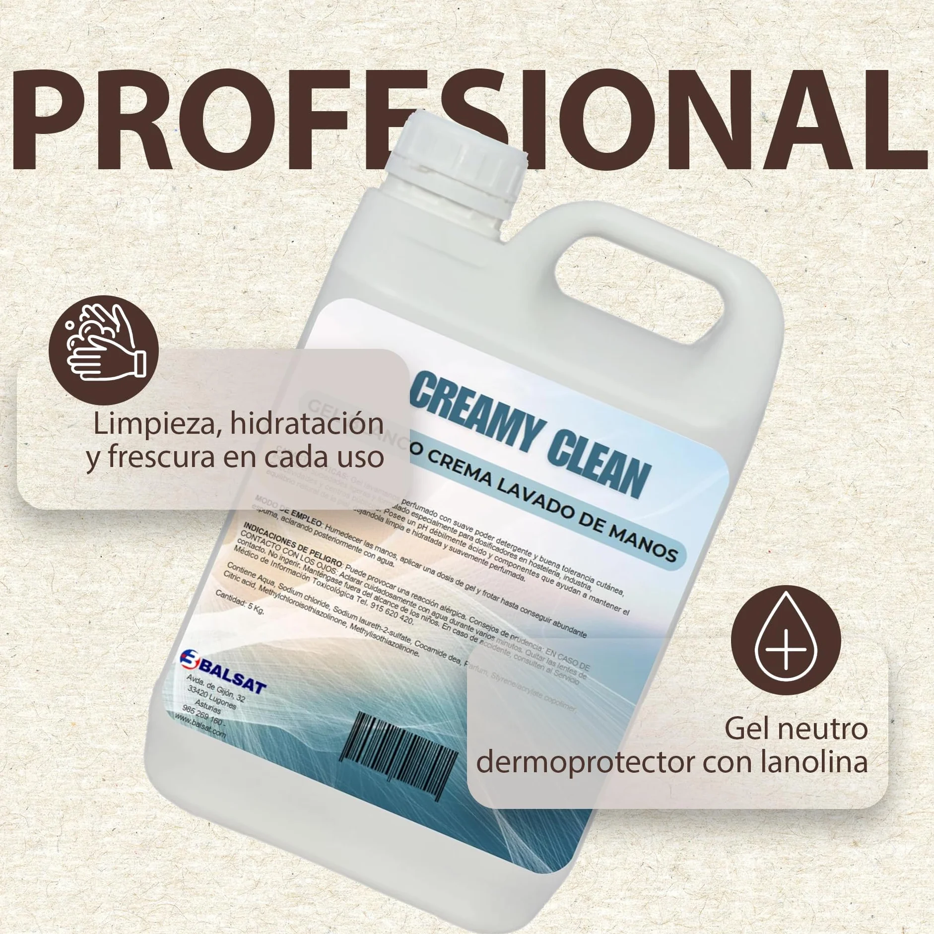 BALSAT Jabón de Manos CREAMYCLEAN Garrafa 5L Gel Neutro Dermoprotector Lanolina