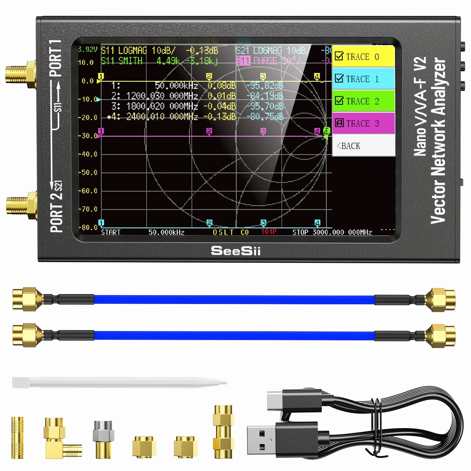 Seesii Analizador de Red Vectorial NanoVNA-F V2, Analizador de Antena Actualizado 50kHz-3000MHz HF/VHF/UHF/VNA con 4,3'' Pantalla para, Medición de S-Parameter, Voltaje SWR, Fase, Retardo, Smith Chart