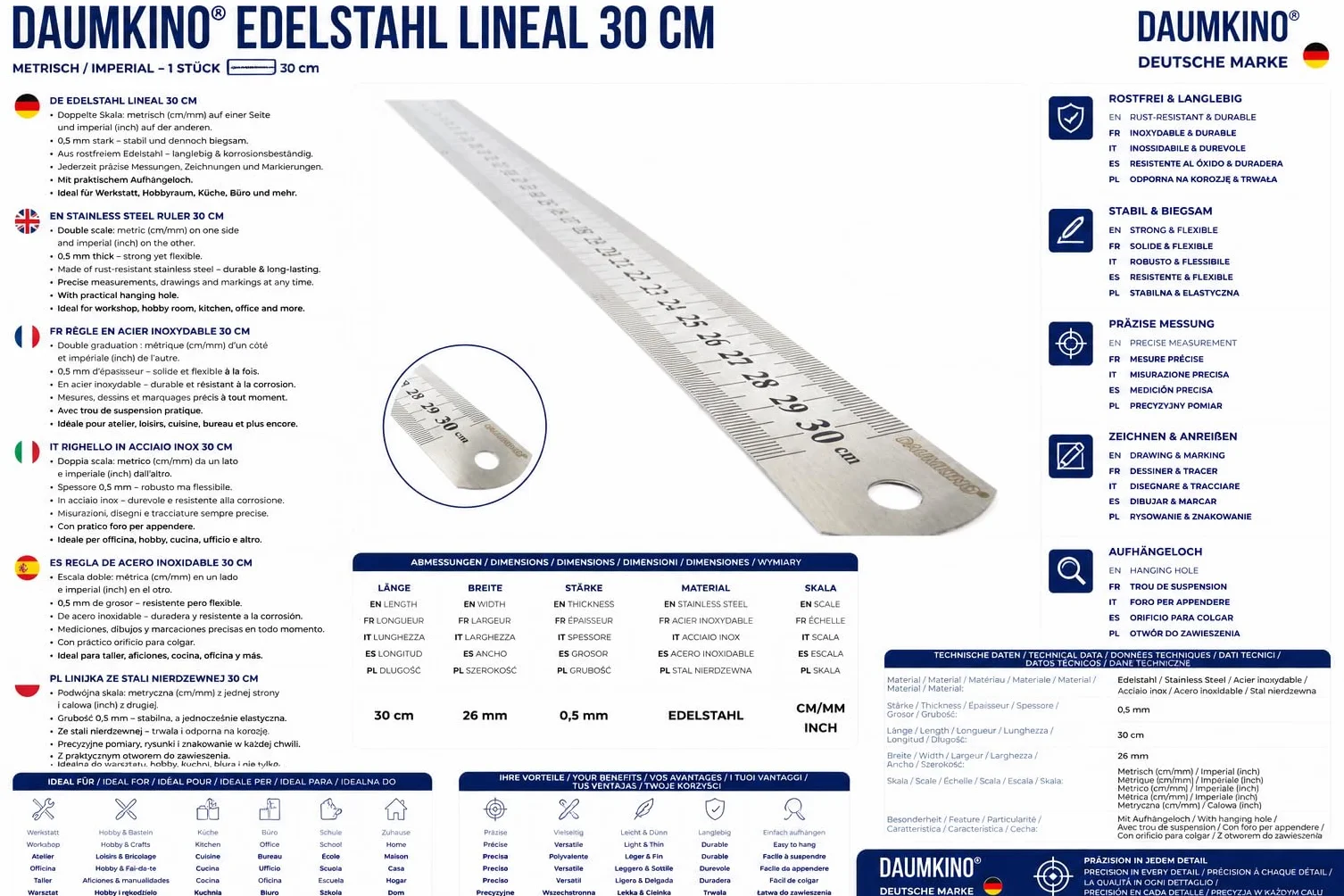 Regla de Acero Inoxidable 30 cm Doble Escala mm y Pulgadas Metálica para Escuela Oficina Taller