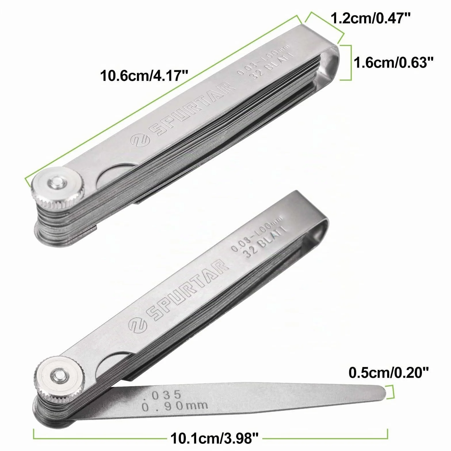 Spurtar Galgas de Espesores 32 Cuchillas 0,03-1,00mm/0,001-0,04" Dobles Métrica Imperial Herramienta