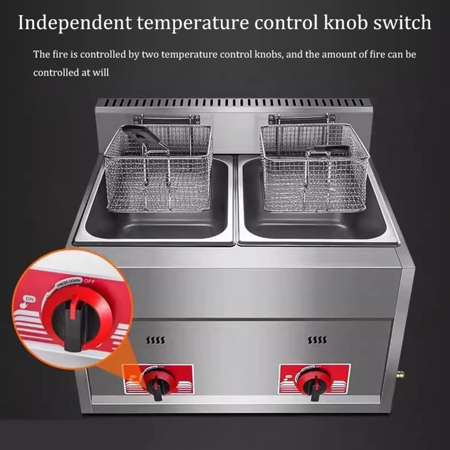 Freidora de gas, freidora de gas profesional de acero inoxidable comercial con cesta y tapa, Freidoras 2x10L Doble Tanque para encimera de restaurante comercial Máquina (10L+10L)