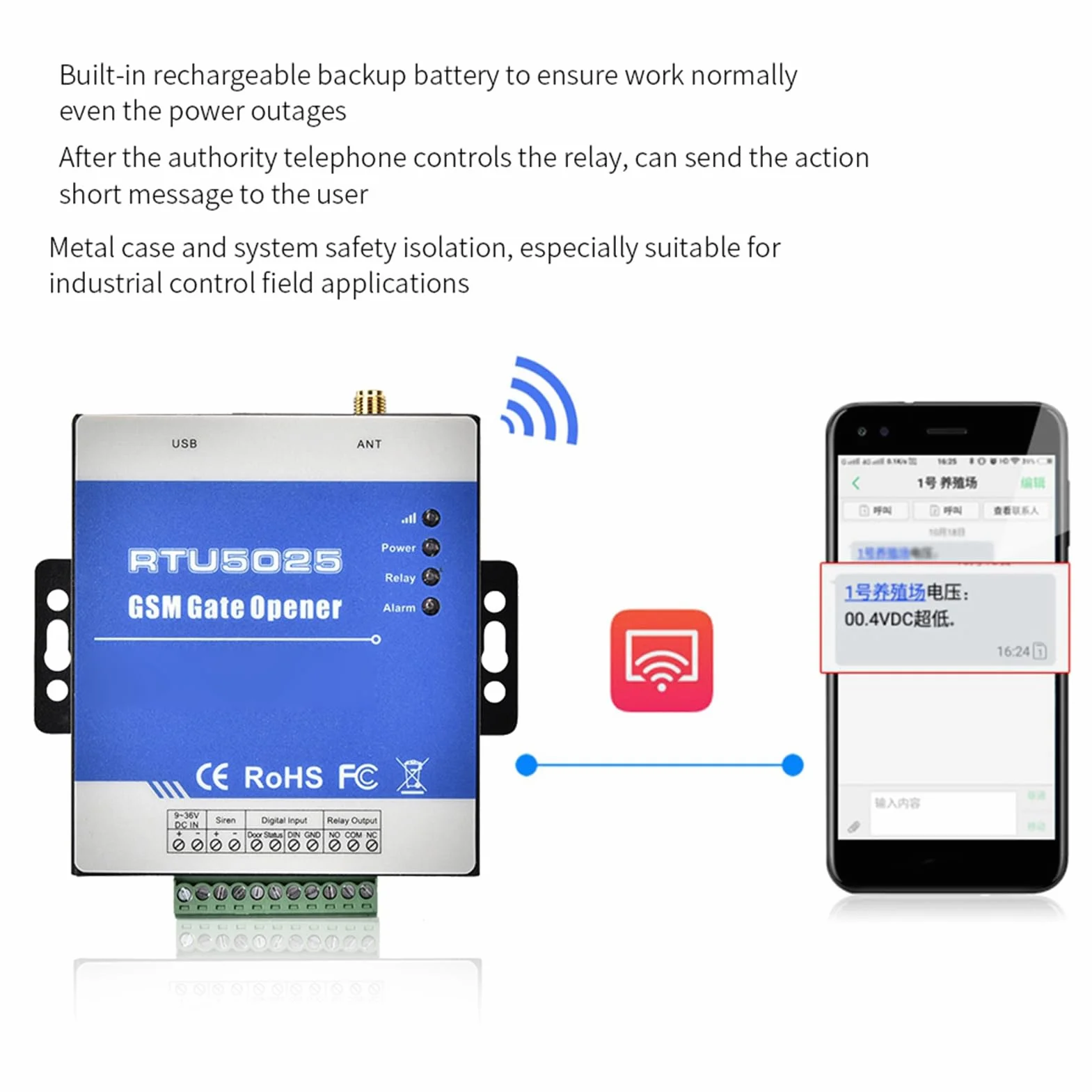 gsm RTU5025 Abrepuertas de Garaje Remoto gsm Puerta Abierto 1000 Control Histórico Alarma 2G/3G/4G Relé de vigilancia para la fábrica de Alarma Apertura de la Puerta de Garaje (Azul)