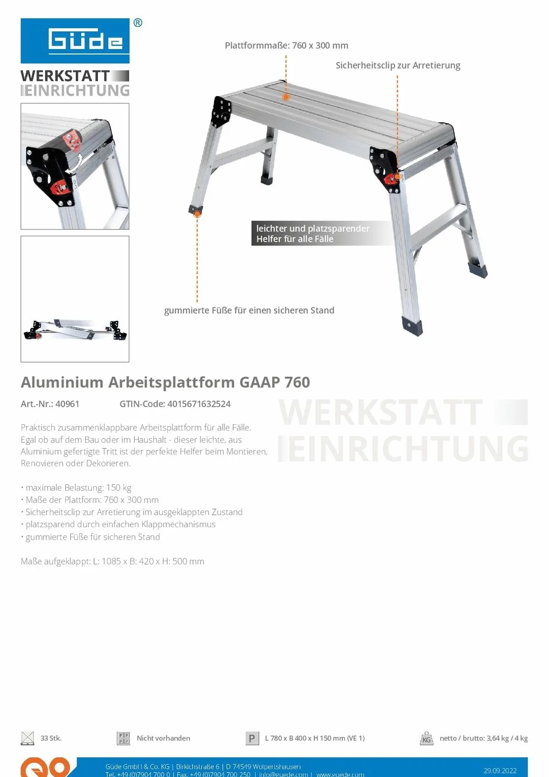 Güde Plataforma de Trabajo de Aluminio GAAP 760, 150 kg, 760x300 mm