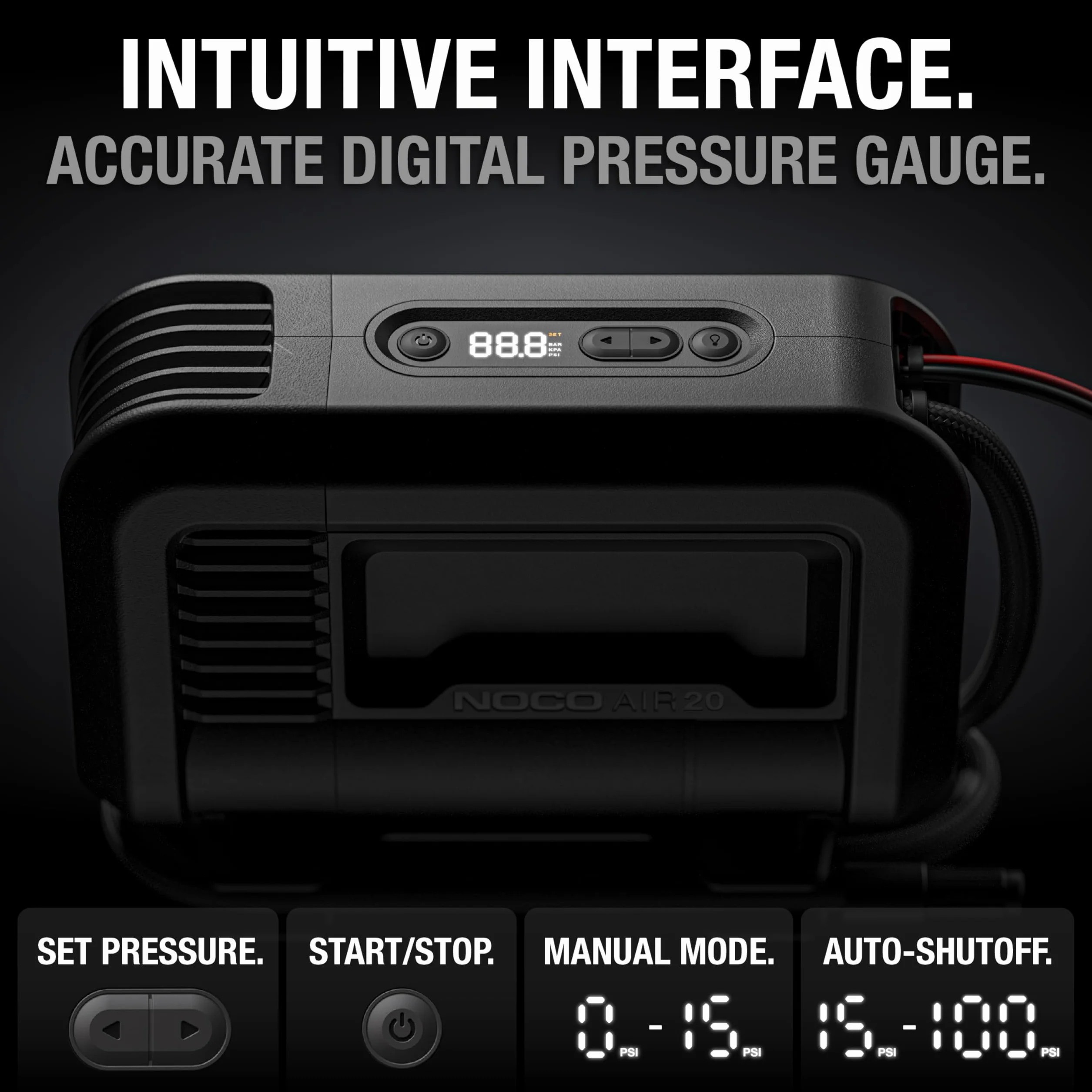 NOCO AIR20 Inflador de neumáticos 20A Compresor de aire portátil 12V 47 SLPM 40 PSI Manómetro digital Apagado automático