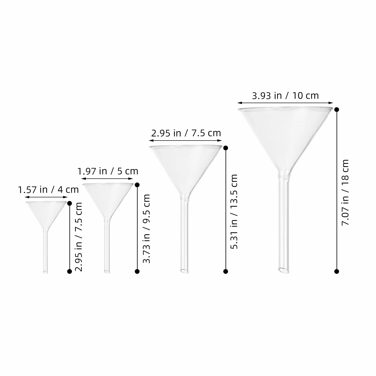 Embudo de Vidrio para Laboratorio 4 Piezas Corto 40-100 Mm Resistente a Temperatura Alta y Químico, Embudos de Llenado para Transferencia de Líquidos en Química Analítica