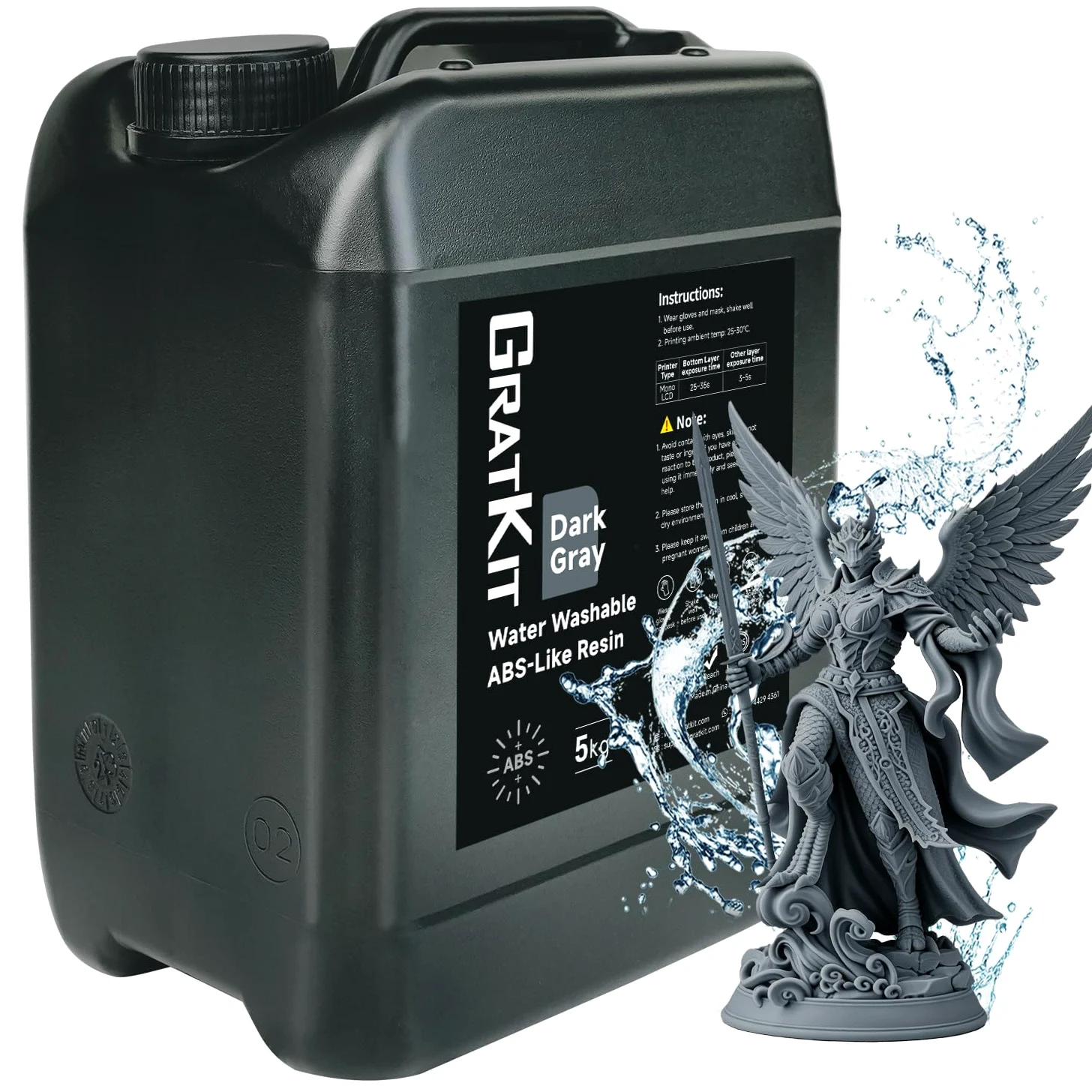 GratKit Water Washable ABS-Like Resin for 405nm 3D Printers,5kg Dark Gray | Easy to wash,high precision,high toughness,rapid uv-curing photopolymer resin for most LCD/DLP 3D printing,low odor,1kg
