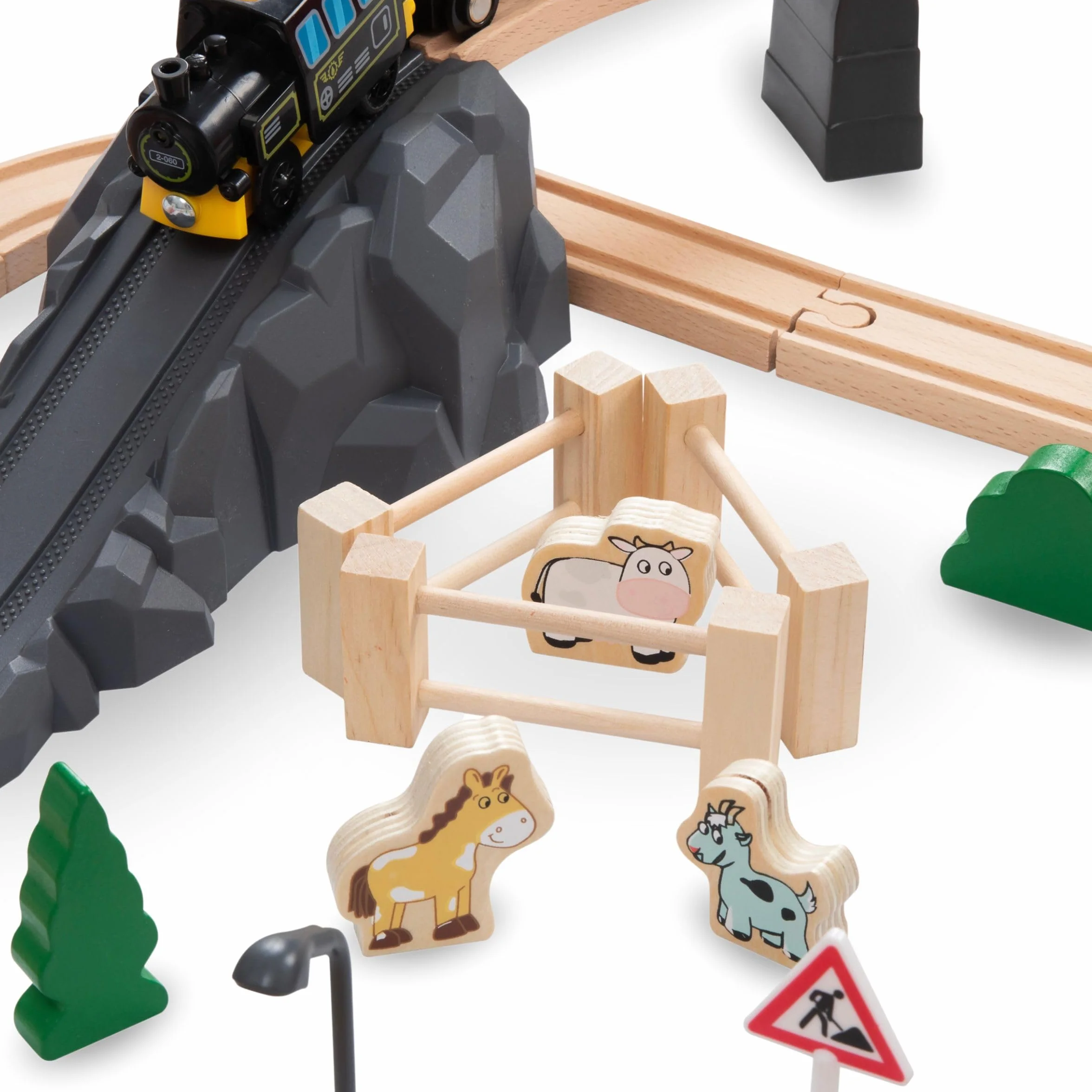 Mamabrum Tren Eléctrico de Madera Set Ciudad con Aeropuerto Grúa Giratoria Pista Compatible Lego Duplo Juguete Educativo