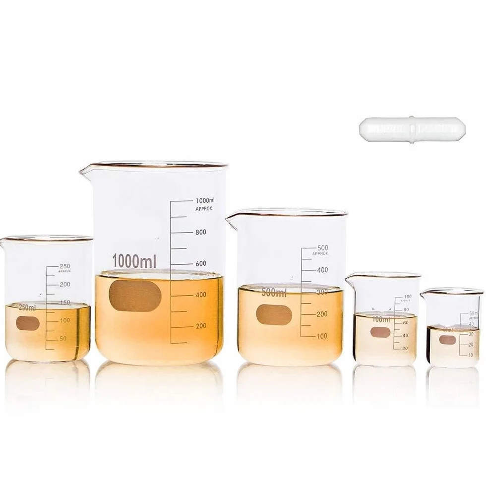 Conjunto de vasos de precipitados de vidrio científico con barra magnética, 5 tamaños 50-1000ml, Borosilicato 3.3, ASTM E960(Vol. 1000ml+2000ml)