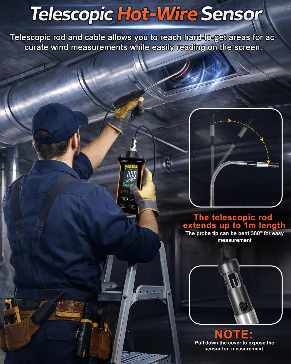 Anemómetro de Hilo Caliente LYCEBELL 5000Y 0.1-30 m/s IP54 Medidor Velocidad Aire Caudal CFM/CMM Sonda Extensible Batería USB-C