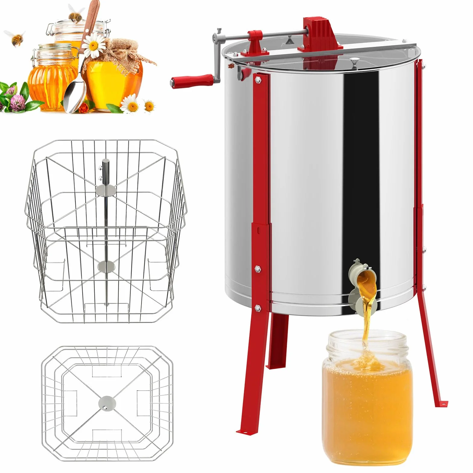 LZQ Extractor de miel manual de acero inoxidable 4 panales, extractor de miel centrífugo de funcionamiento manual, extractor de miel para apicultura, altura ajustable, equipo de apicultura
