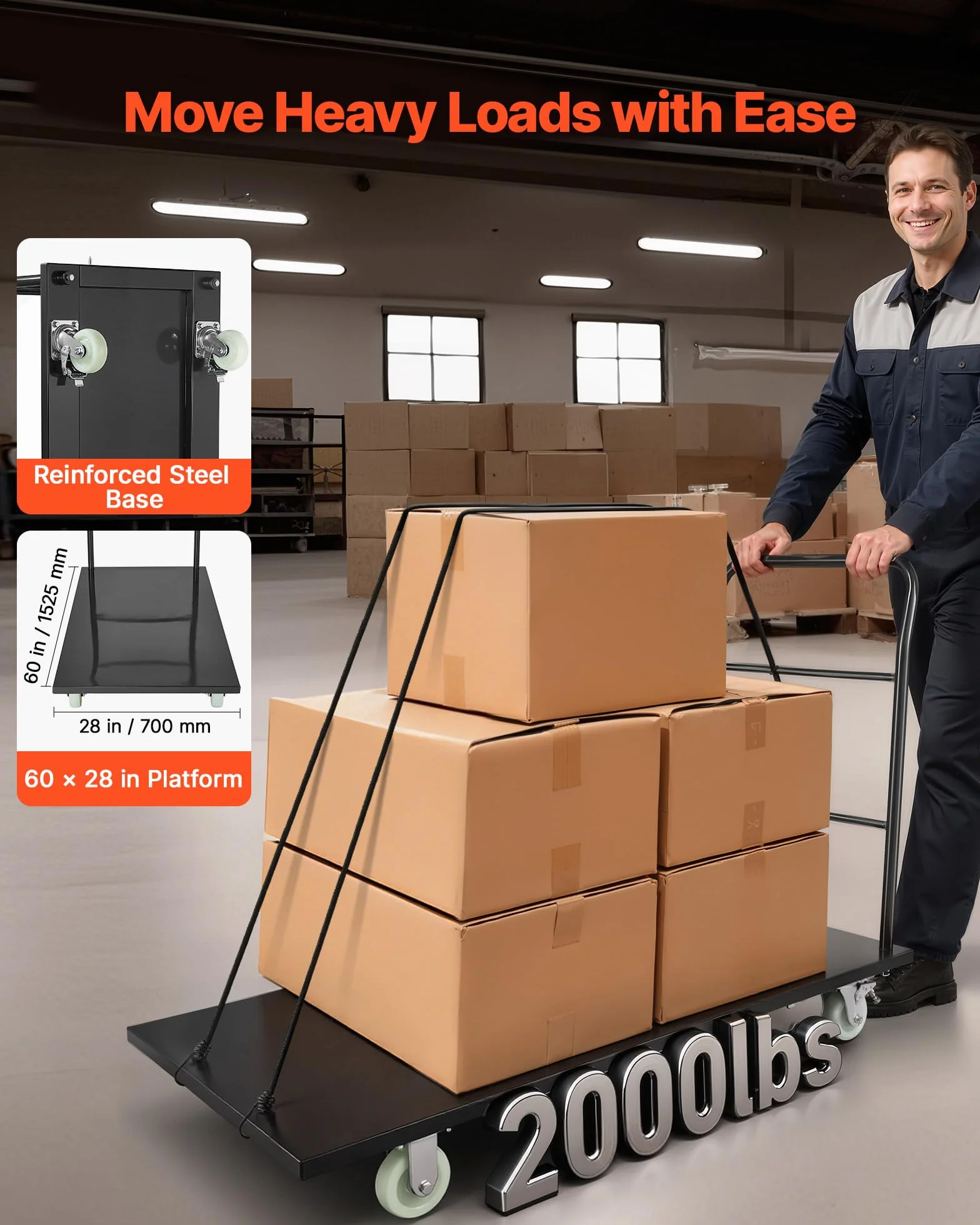VEVOR Carro Plataforma Plegable 1525x700 mm para Trabajo Pesado, Carretilla de Transporte Carga de 907 kg, Carrito Portaequipajes con Plataforma con Ruedas, para Tareas Domésticas, Almacén, Mudanza
