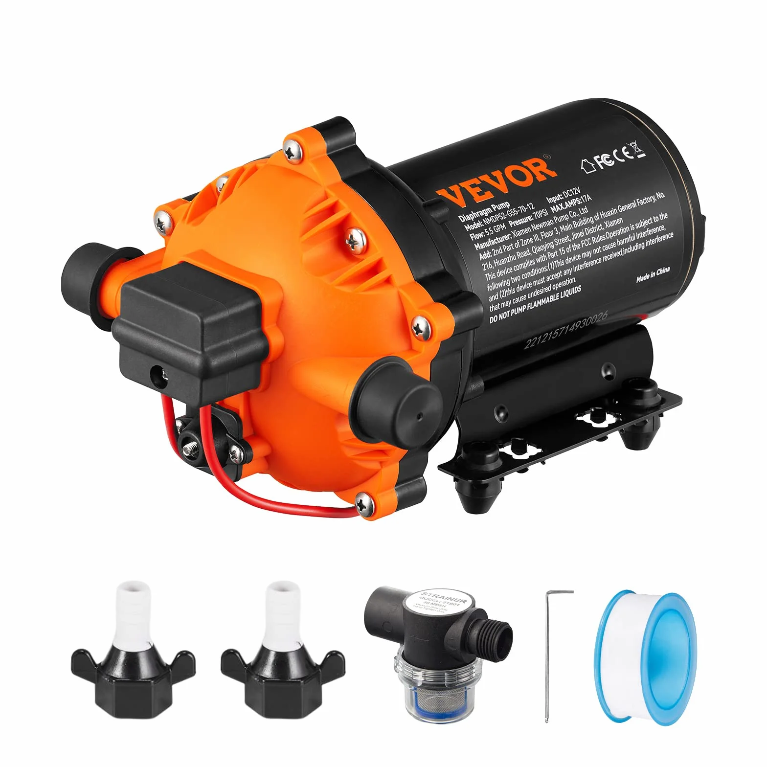 VEVOR Bomba de Diafragma de Agua 12 V 5,5 GPM 70 PSI Ajustable 40-100 PSI Autocebante con Presostato