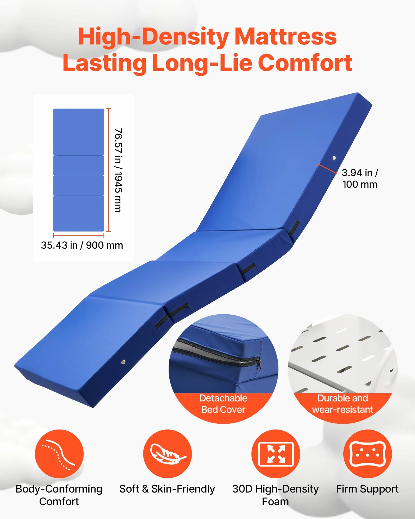 VEVOR Cama de Hospital Eléctrica de 5 Funciones con Trendelenburg y Ruedas con Bloqueo, Cama Médica con Colchón de Alta Densidad para Hospitalización Doméstica, Carga de 250 kg, 213 x 106 x 45-75 cm
