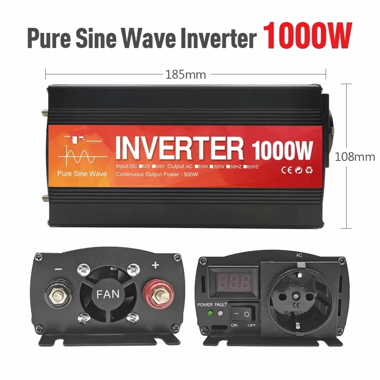 Inversor Inversor De Onda Sinusoidal Pura De 24 V A 110/220V 1000W 1600W 2000W 3000W 4000W Convertidor Solar Banco De Energía Portátil Onda sinusoidal modificada(220-240v 60HZ,1000w)