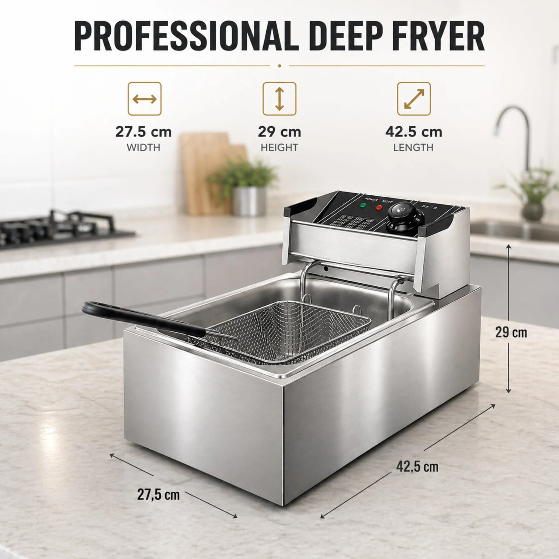 Freidora Profesional 10L de Acero Inoxidable, con Control de Temperatura con Sonda, Cesto de Malla Reforzada Duradero, Indicador de Encendido. Uso en Hostelería y Cocina Doméstica