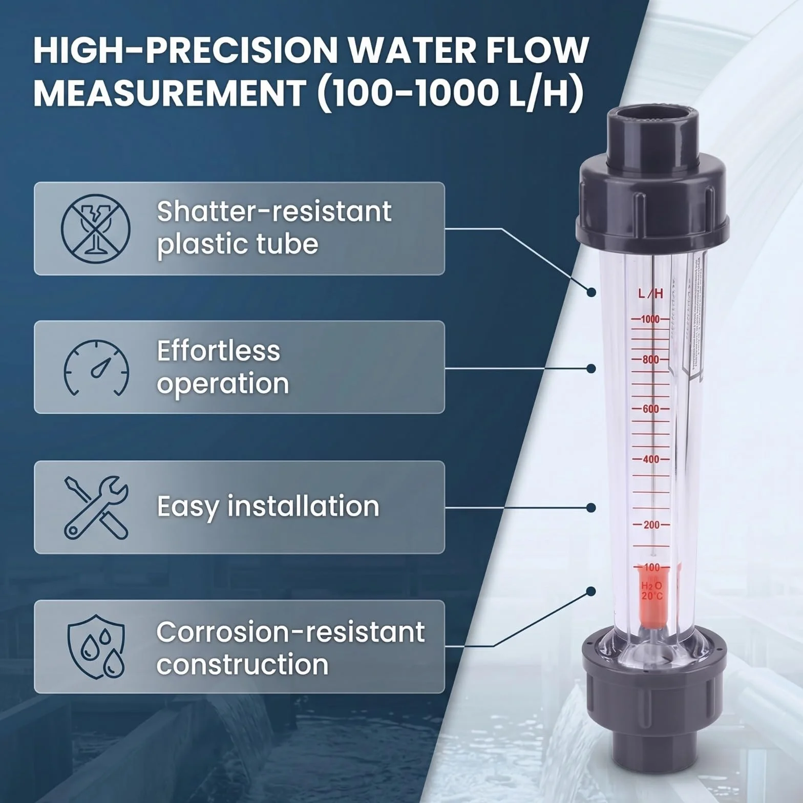 Medidor de flujo líquido 100-1000L/H DN15 tubo plástico