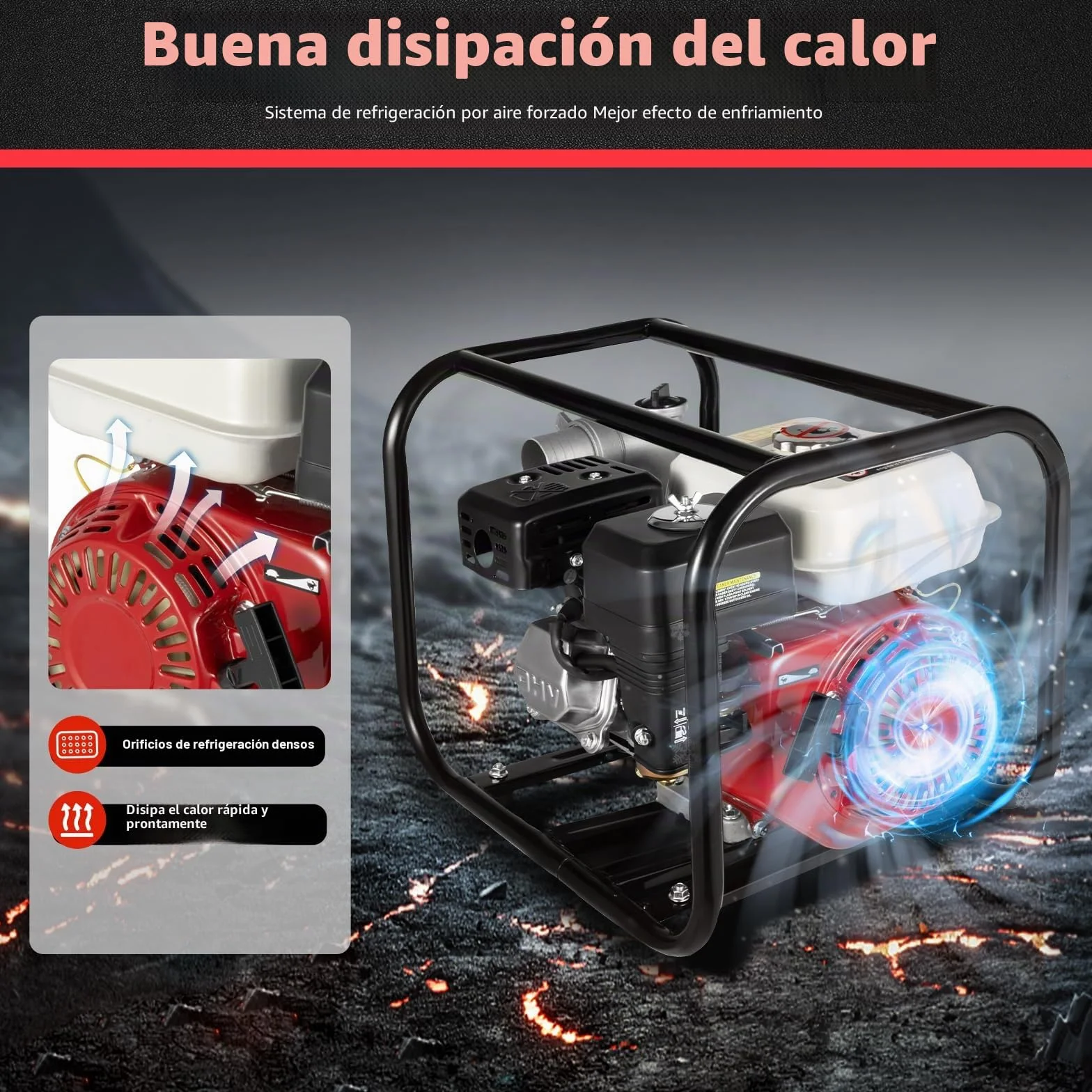 Bomba de agua de gasolina, motor de 4 tiempos, 6,5 CV, 210 cc, 36 m³/h de caudal, altura de extracción de 28 m, altura de succión de 7 m, depósito de 3,6 L, conexión de 2 pulgadas, para riego y
