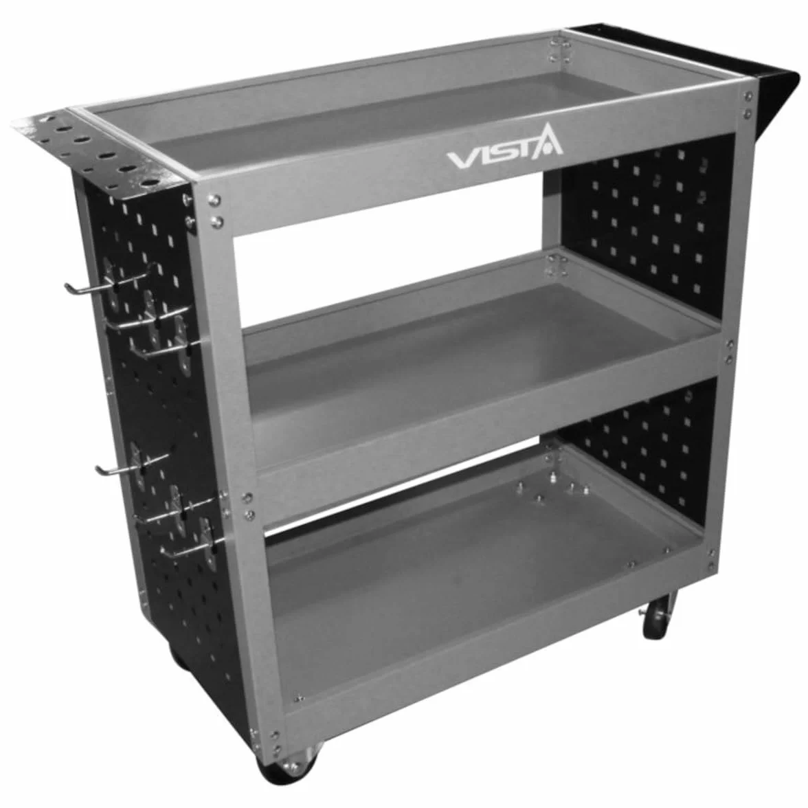 SIO Carro de Herramientas Móvil 3 Estantes con Panel Perforado y Ganchos – Carrito Taller con Ruedas para Mecánica, Garaje e Industria – Organizador Metálico Resistente Multiuso - Carro Taller