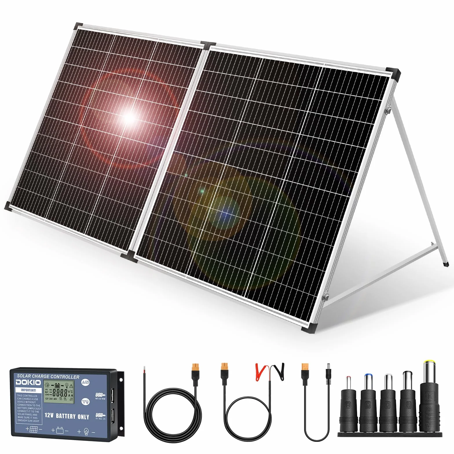 DOKIO Panel Solar Portátil 200W Monocristalina con regulador de carga solar (2 puertos USB)