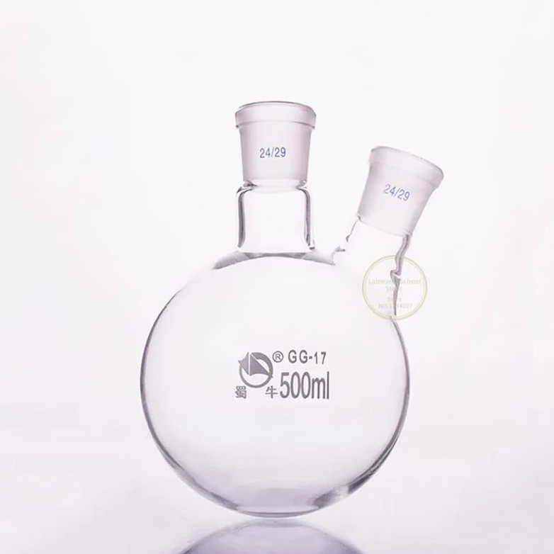 matraz de Vidrio borosilicato de Laboratorio. Matraz de destilación de Vidrio de Laboratorio de Fondo Redondo de Doble Cuello, Inclinado/Recto, de 50 ml a 2000 ml, 1 Unidad(500ml 24x24)