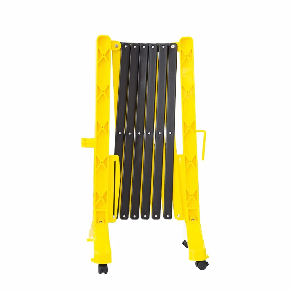 Barrera de seguridad plegable amarilla - 350 cm | Barricada extensible de plástico para seguridad peatonal | Valla de barricada móvil portátil con 4 ruedas