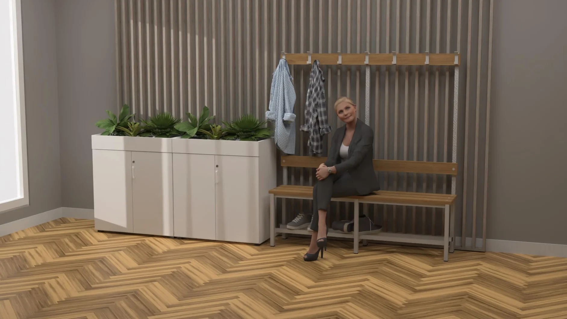 Spacio Banco de Madera Norrköping con Perchero 1500x1600x350 Estructura de Acero