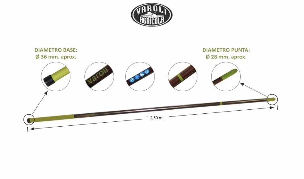 Vara de aceituna de fibra VAROLI 2,5 metros de longitud. PACK 2 UNIDADES. Más equilibrada y ergonómica: Menos esfuerzo en su uso.