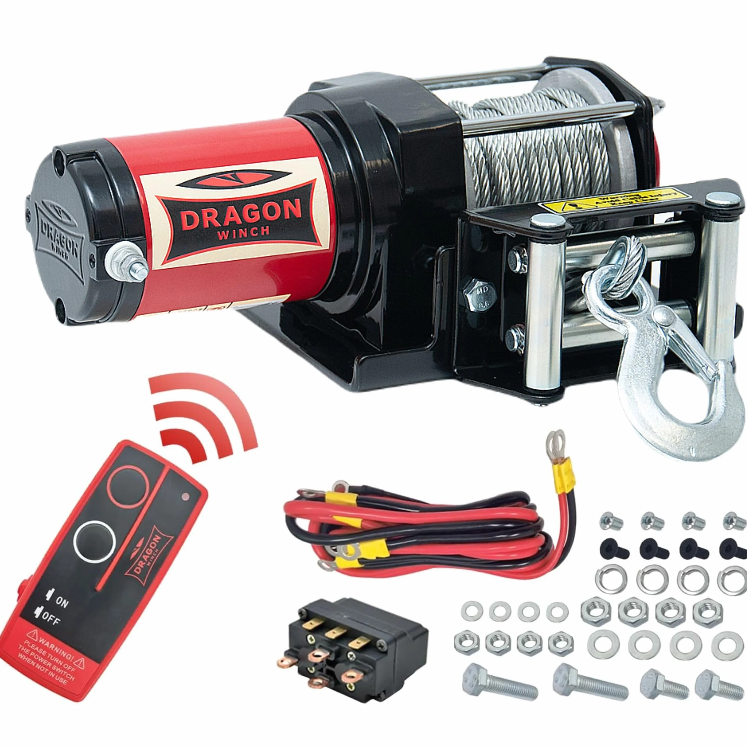 Dragon Winch Cabrestante eléctrico 12V 3000 lbs / 1360 kg, serie Maverick con Cuerda de acero 10m para arados, quads, ATV, UTV | incluido control remoto inalámbrico + accesorios para Cabestrante