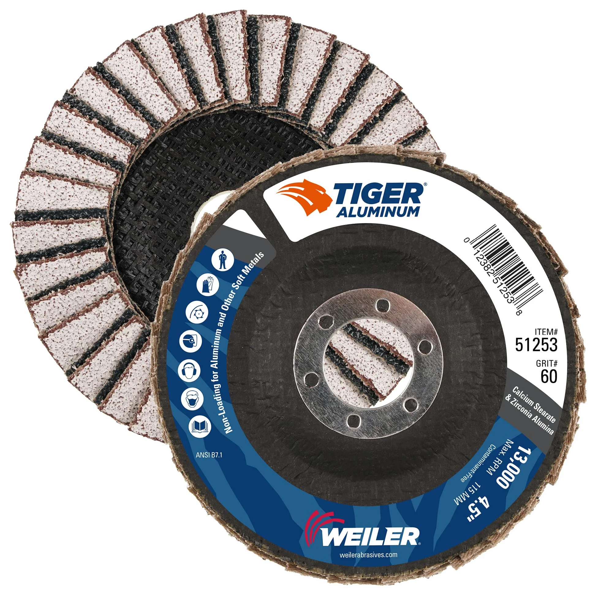Weiler 51253 - Disco de aluminio con aleta (10 unidades, 4-1/2", plano (TY27), respaldo fenólico, 60 Z, agujero de eje de 7/8" (paquete de 10)