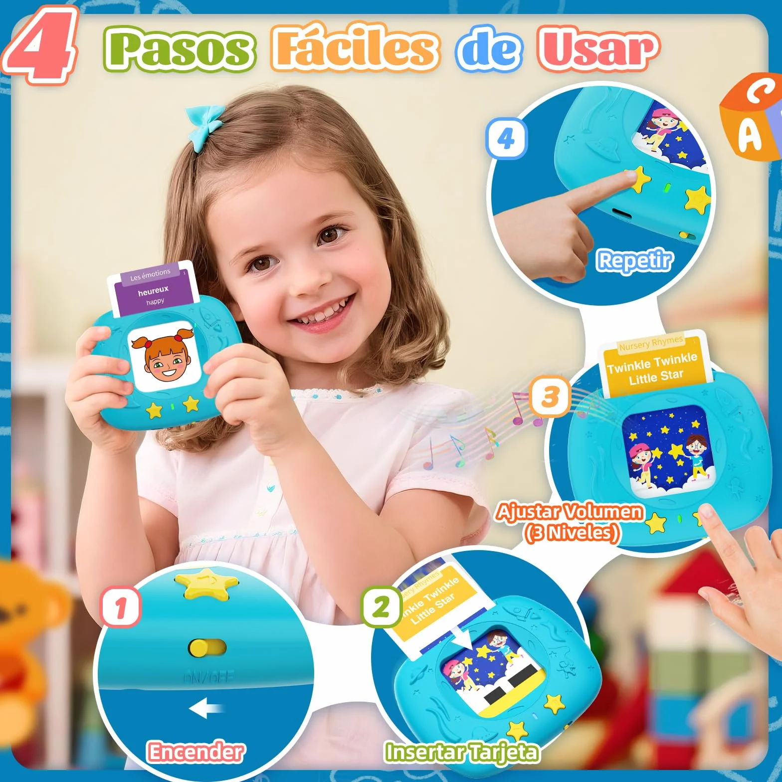 HOMESTEC Tarjetas Flash Parlantes, Juego Educativo Audibles 432 Palabras Español, Juguete Montessori Azul 2-6 Años