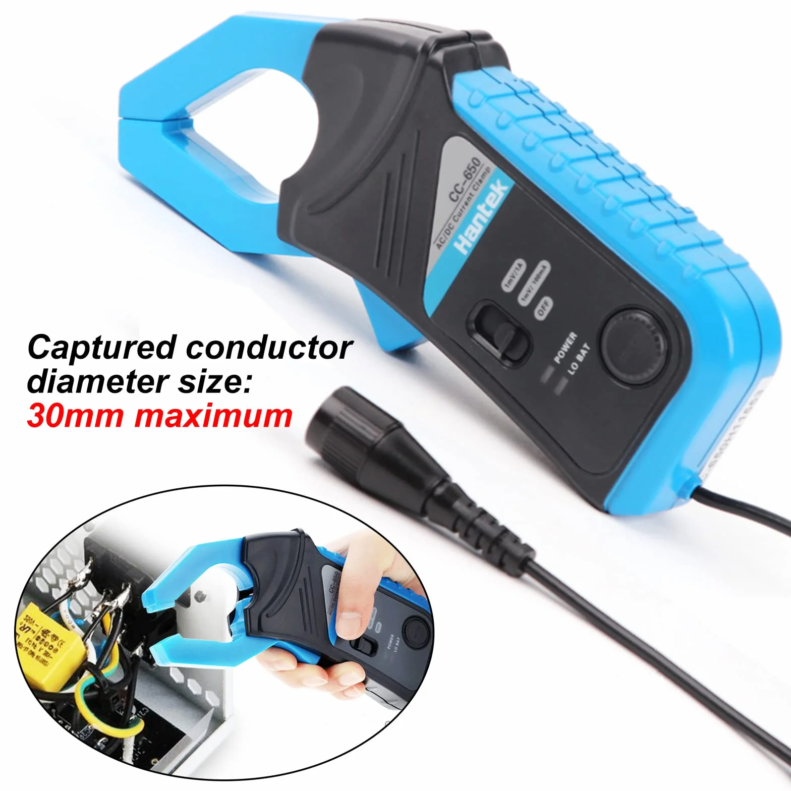 Hantek CC650 Pinza de corriente CA/CC ancho de banda de 400Hz, 1mV/10mA, Osciloscopios automáticos 650A y DMM, Conector BNC