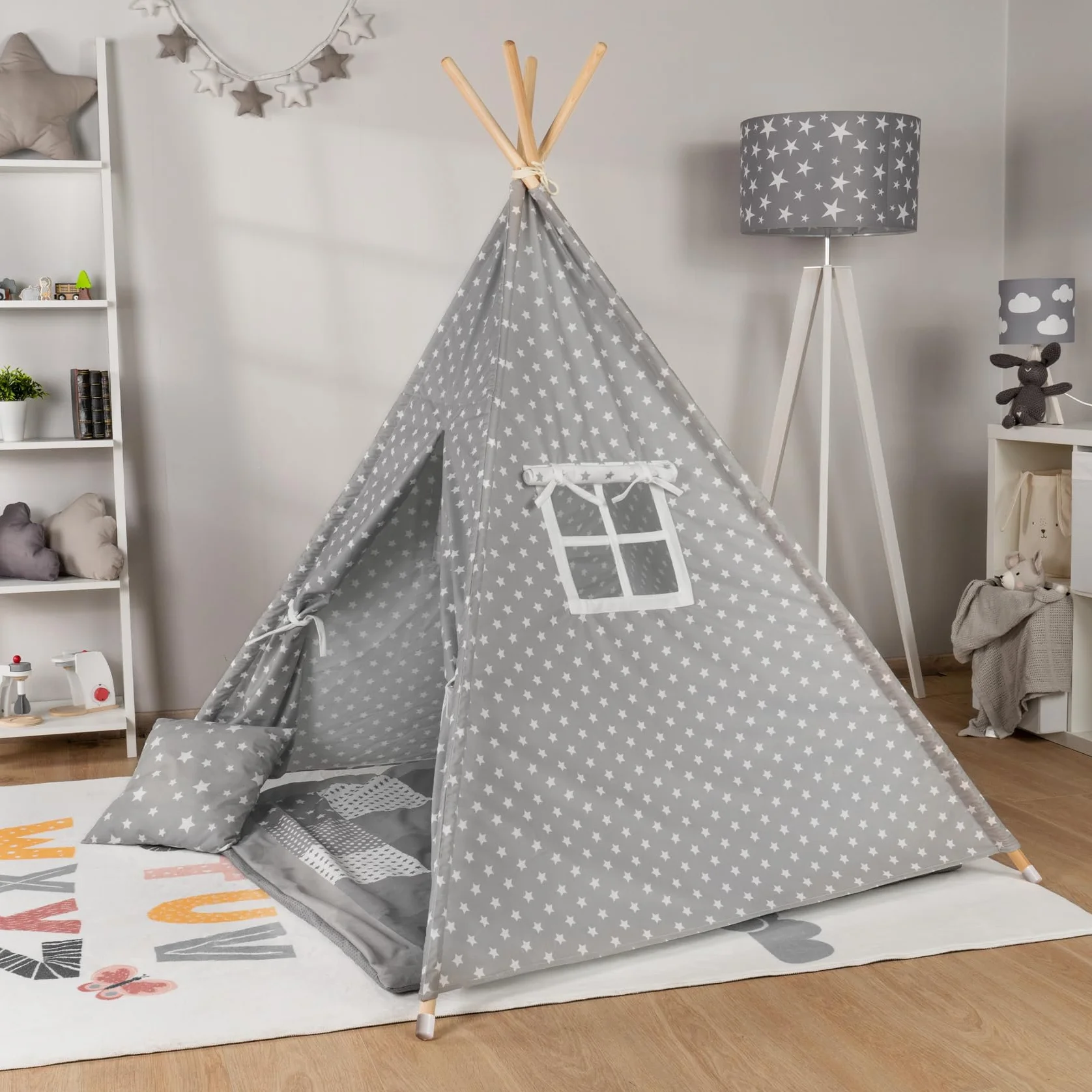 Paco Home Tipi Infantil Wigwam Sólido Robusto Juegos Interiores Gris con Accesorios