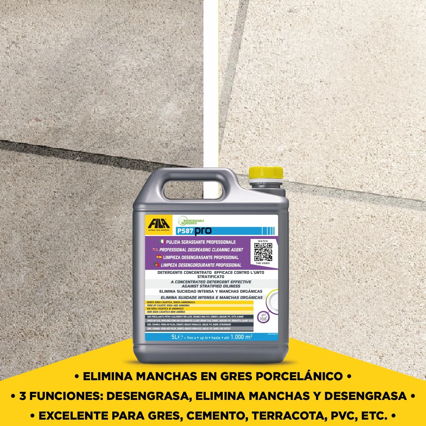 PS87 PRO, Detergente, Desengrasante y Decapante para Limpieza Profesional de pavimentos, Quitamanchas para Gres, Cemento, Piedra y aglomerados no pulidos y Elimina ceras de base de agua, 1L