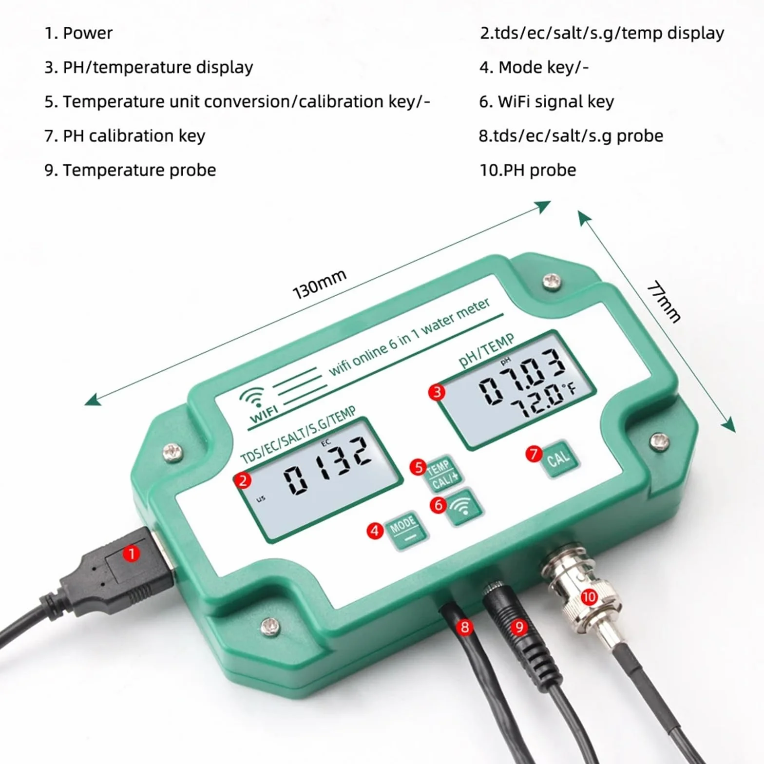 Medidor digital WiFi de pH, EC, TDS, sal, SG y temperatura, comprobador de calidad del agua, monitor inteligente multifunción 6 en 1, control por aplicación.,Análisis confiable