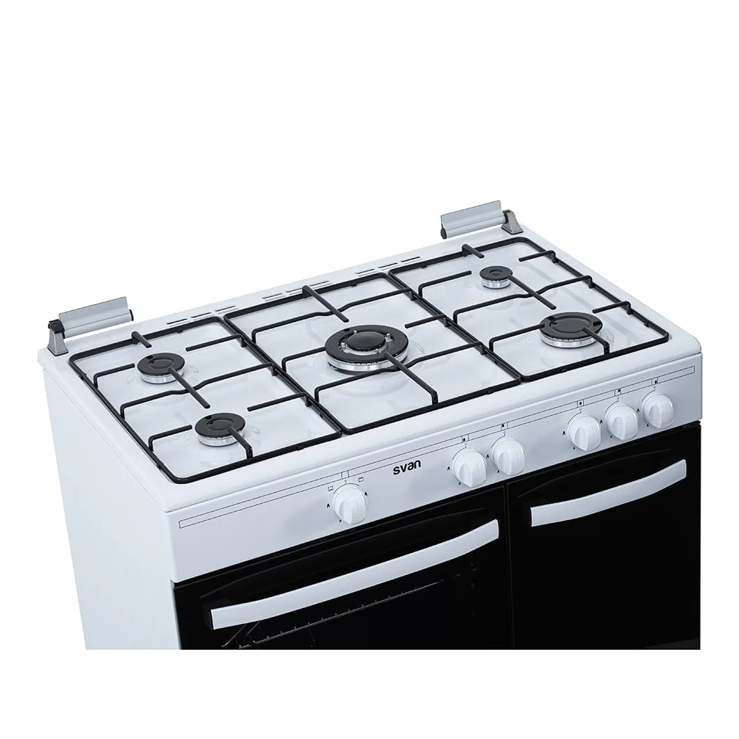 Svan Kuchenherd Gas Butano 5 Zonen, Horno 55 L, Blanco SKGW5901PB, Quemador WOK triple llama, Control Manual