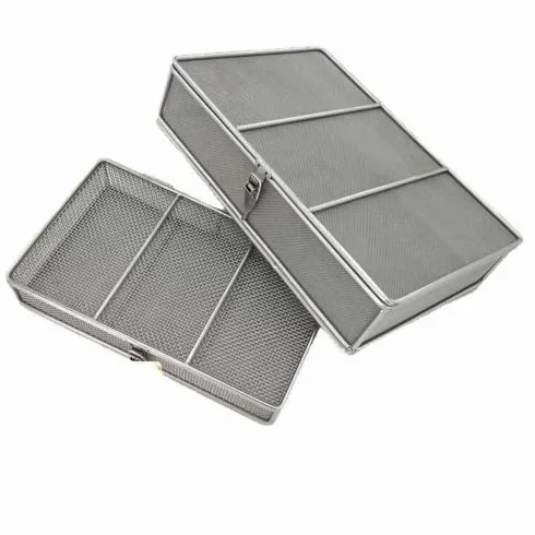 Cesta de esterilización con tapa, malla de acero inoxidable para limpieza y autoclave, diseño de grado hospitalario