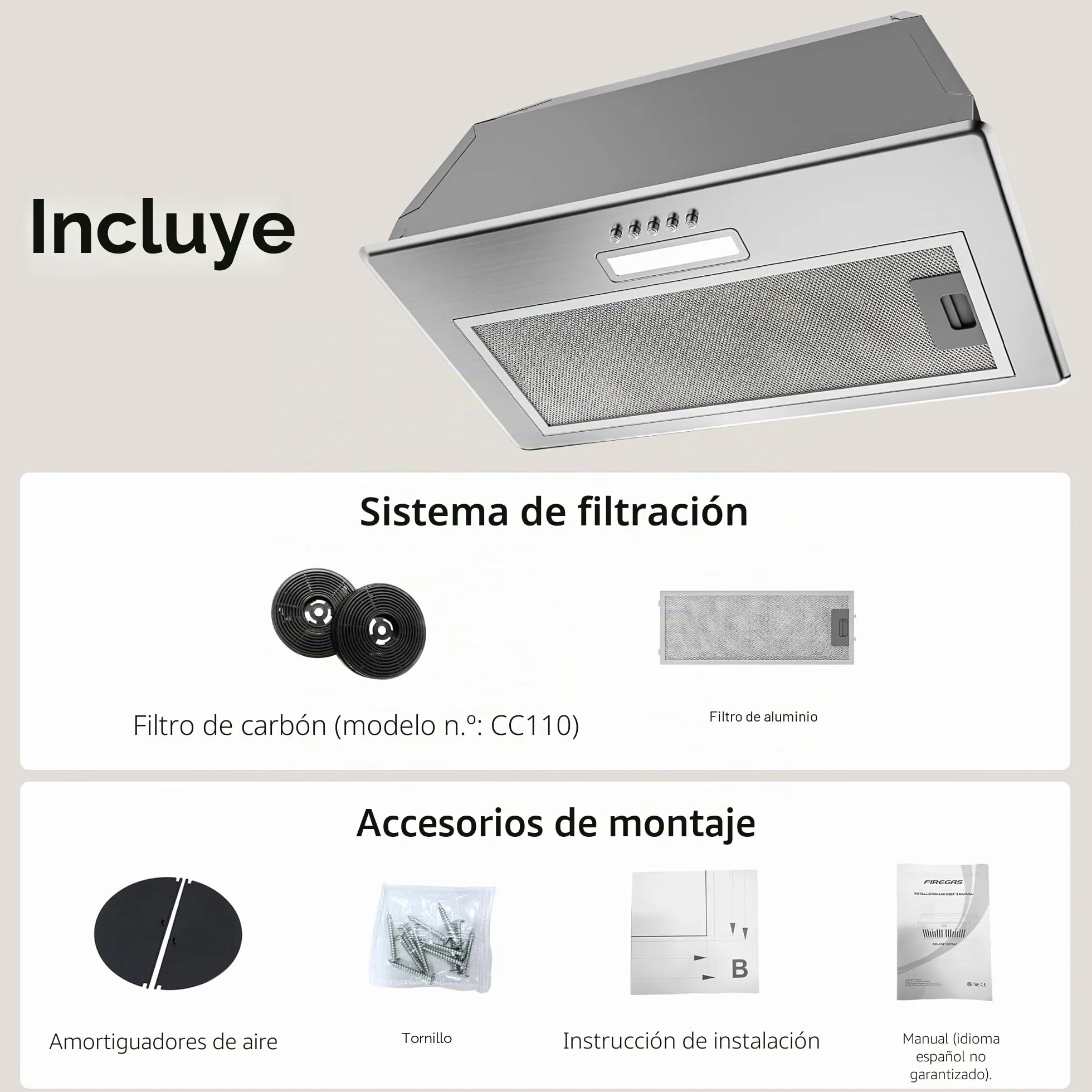 FIREGAS Campana extractora empotrada 52 cm acero inoxidable 3 niveles potencia recirculación filtro carbón activo
