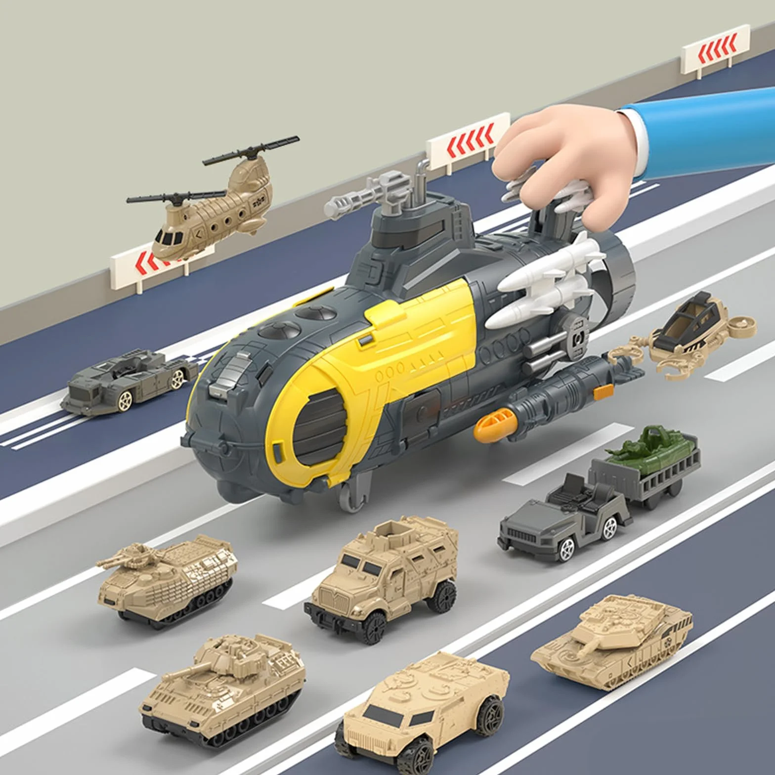 Submarino Militar Juguete Marino con 18 Transportes, Alfombrilla de Juego y Avión Portaaviones para Niños 3+