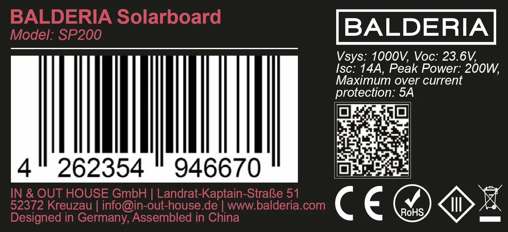 BALDERIA Solarboard 200W | Panel solar plegable | Placa solar para estaciones de energía, baterías, generadores móviles | Con DC, USB, 4 soportes y asa | Para exteriores, camping, autocaravana, barco